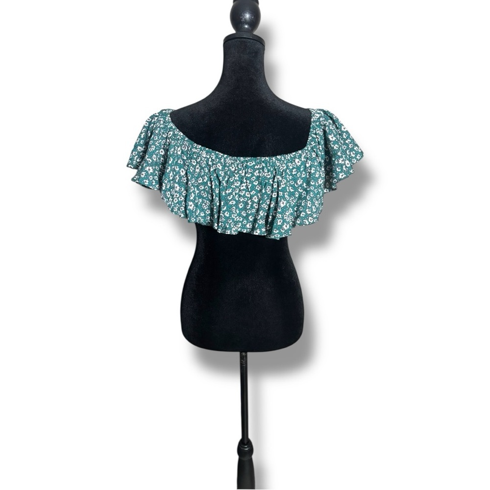 Indigo Child Teal and White Ditsy Floral Print Ruffled Off Shoulder Crop Top - Picture 5 of 16